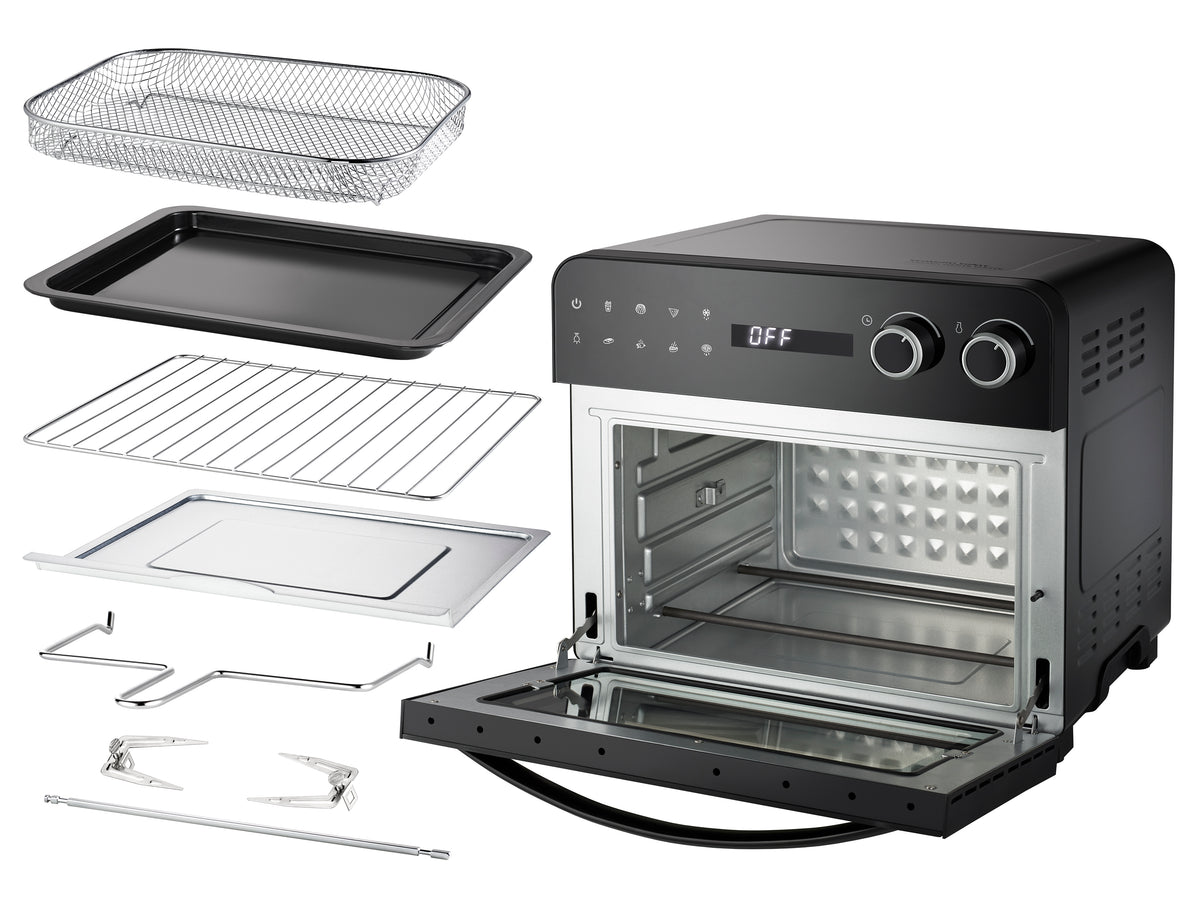 Die in Schwarz mit geöffneter Tür abgebildete Unold Backofen-Fritteuse Diamant wird mit Grillrost, Backblech, Gitterkorb, Fettauffangschale, Drehspieß und Gabeln sowie drumherum angeordneten Entnahmewerkzeugen geliefert.