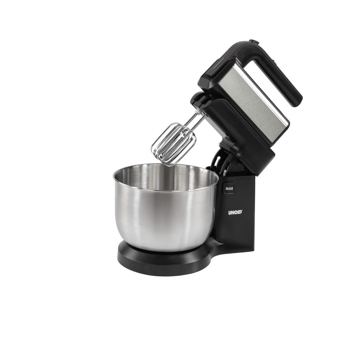 Der Unold-Handmixer „Hannah“ mit Rührschüssel, der sich durch ein schwarz-silbernes Design mit einer Rührschüssel aus Edelstahl und zwei Rührbesen auszeichnet, ist vor einem weißen Hintergrund abgebildet.