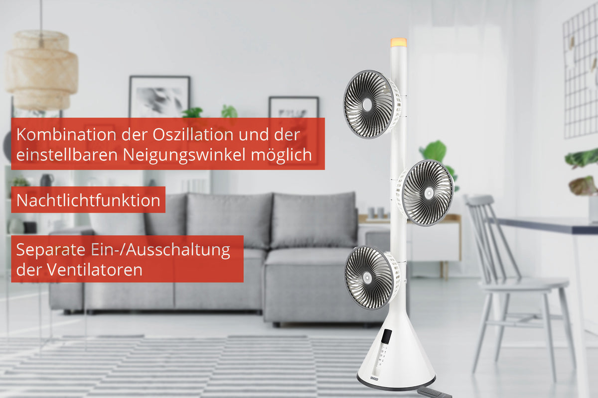Der Unold STANDVENTILATOR 360°, ein moderner weißer Turmventilator mit drei verstellbaren, kreisförmigen Lüftern, steht in einem hellen Wohnzimmer. Deutscher Text hebt Oszillation, Neigungsverstellung, Nachtmodus und separates Ein-/Ausschalten für jeden Lüfter hervor.