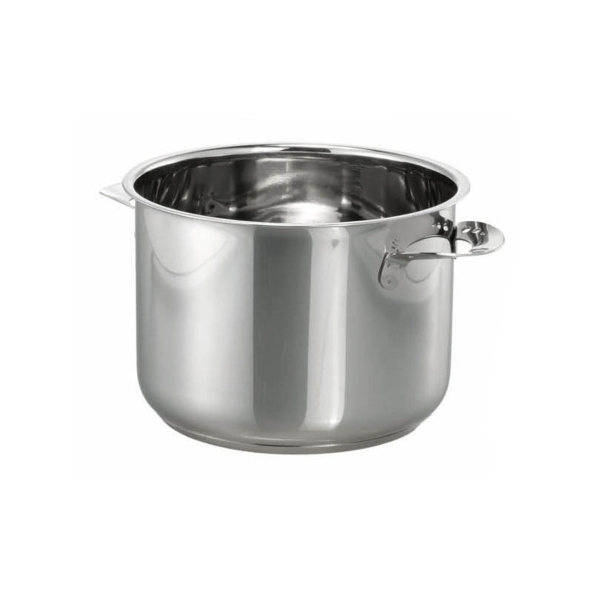 Der Unold Edelstahl-Topf für FONDUE Elégance 48645 ist ein großer, glänzender Edelstahltopf mit zwei kurzen Seitengriffen, abgebildet auf schlichtem weißem Grund.