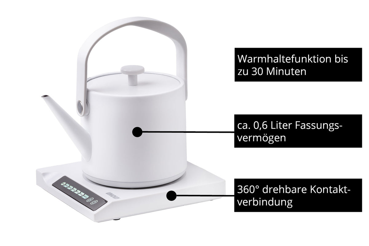 Die weiße Unold Blitzkocher Clara Elektro-Teekanne fasst ca. 0,6l, hat eine 360° drehbare Kontaktverbindung und ein Bedienfeld auf der Basisstation. Bis zu 30 Minuten Warmhaltefunktion sind durch die Beschriftungen ersichtlich.