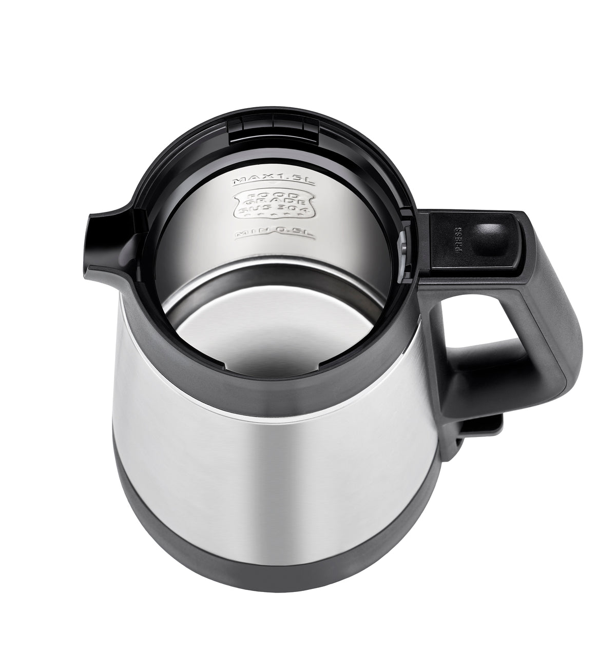 Eine Draufsicht auf den Wasserkocher Unold Blitzkocher Thermo 1,5 L aus Edelstahl mit schwarzem Griff und geöffnetem Deckel, der innen Wasserstandsmarkierungen in Litern zeigt.