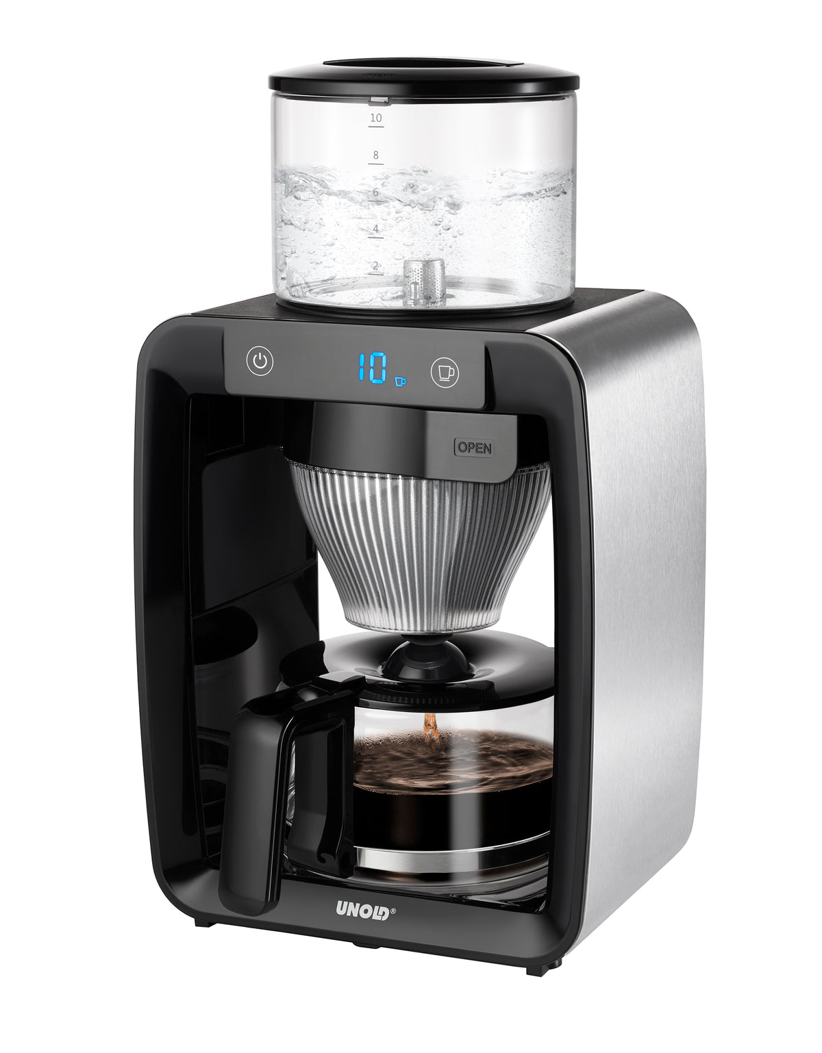 Das Unold Frühstücks-Bundle Aroma ist eine moderne elektrische Kaffeemaschine mit silber-schwarzem Finish, transparentem Wassertank oben, digitaler Anzeige und Glaskanne für gebrühten Kaffee.