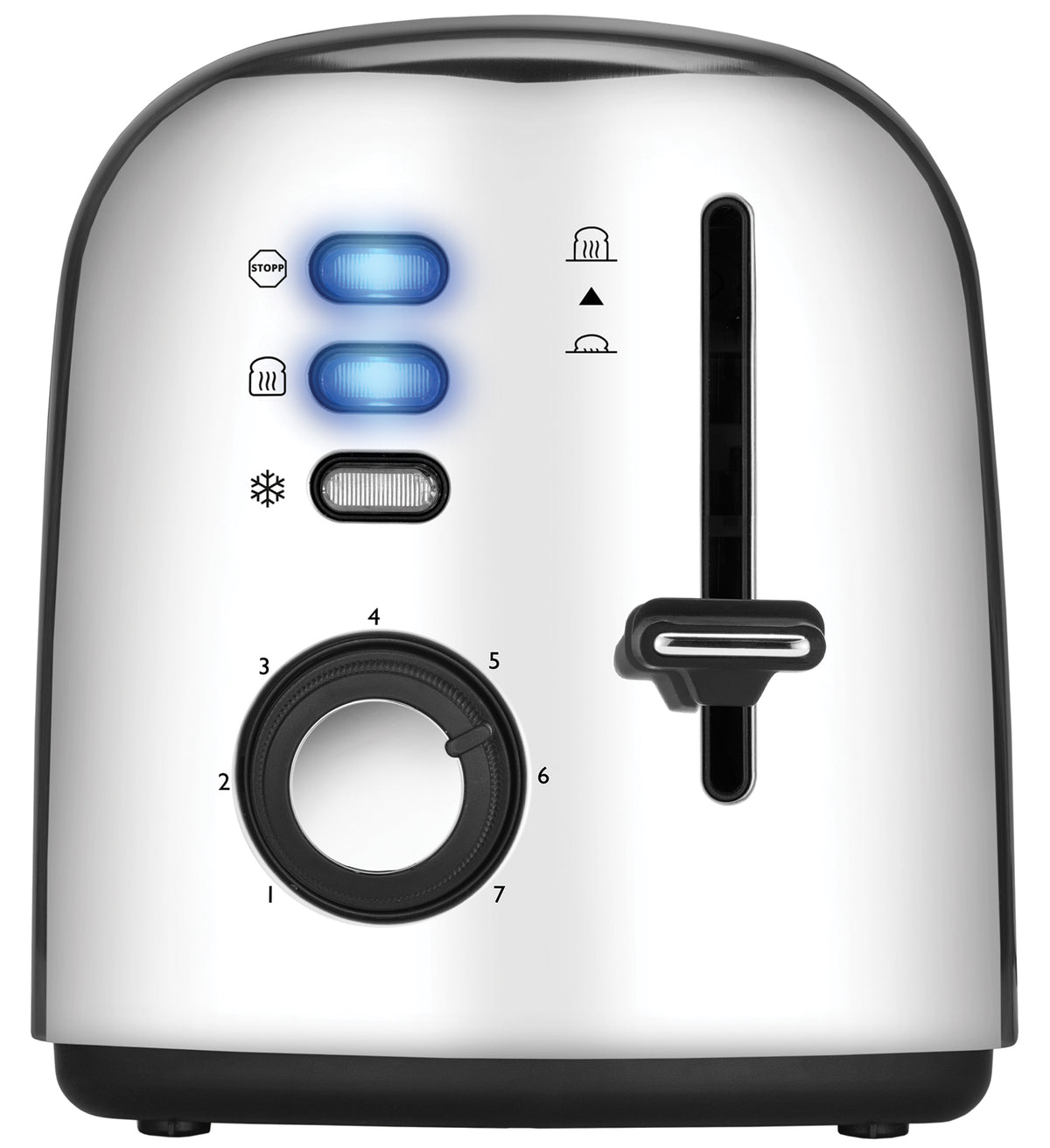 Der Unold Toaster 4er Retro verfügt über ein Edelstahldesign mit blau beleuchteten Tasten, einem Drehregler (1–7), einem Hebel und Symbolen auf der Vorderseite für die Funktionen Stopp, Aufwärmen, Auftauen und Toasten.