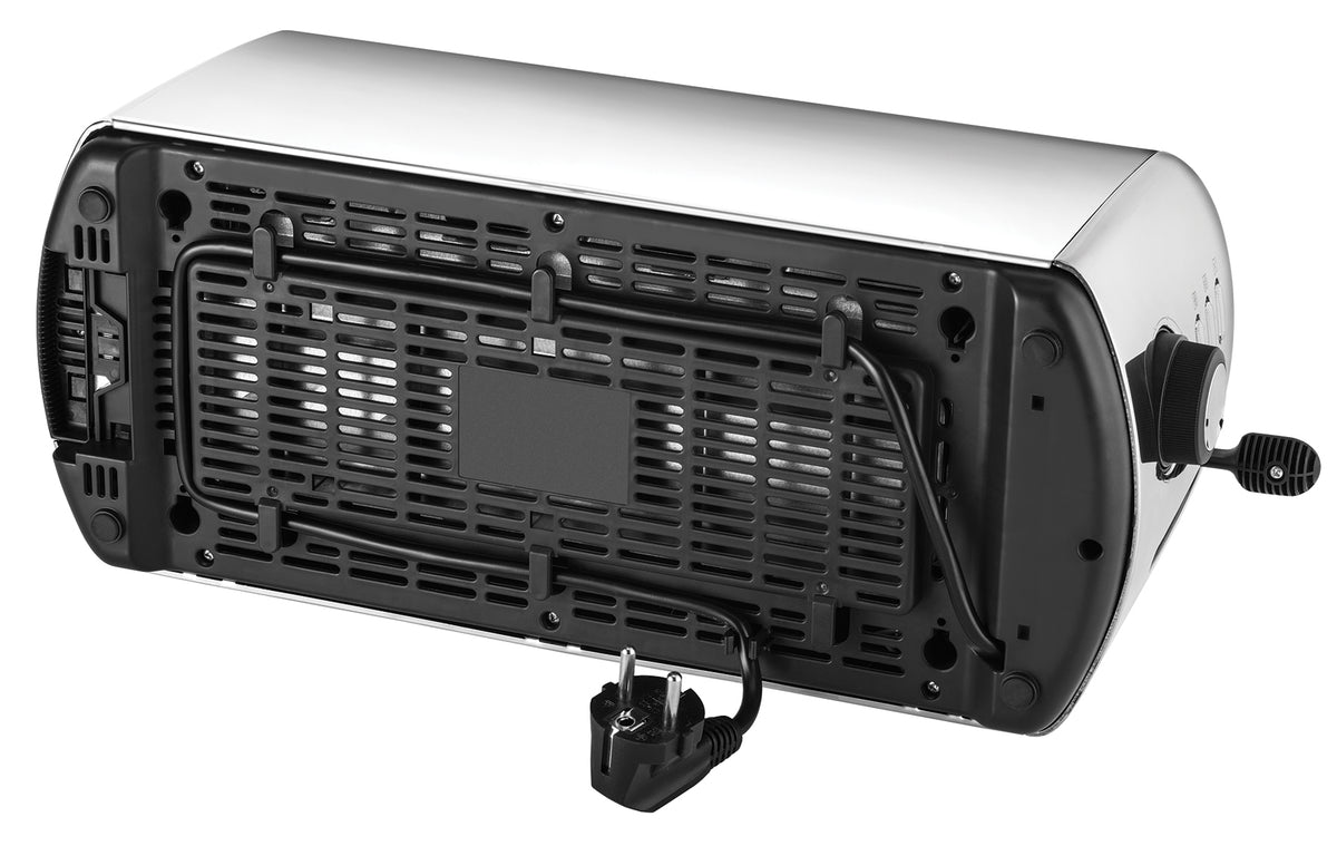 Unteransicht des Unold Toaster 4er Retro: silbernes Finish, schwarzer Kunststoffsockel, Lüftungsschlitze, umwickeltes Netzkabel mit Stecker, Krümelschublade und seitliche Bedienknöpfe sichtbar.