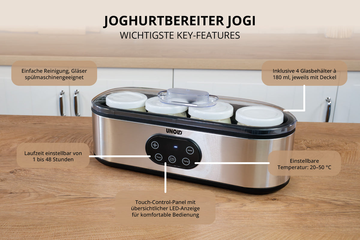Der Unold Joghurtbereiter JOGI ist auf einer Küchenarbeitsplatte mit seinen vier Glasbehältern abgebildet. Zu den angegebenen Funktionen gehören ein einstellbarer Timer, eine Temperaturregelung, ein Touchpanel sowie spülmaschinenfeste Behälter.
