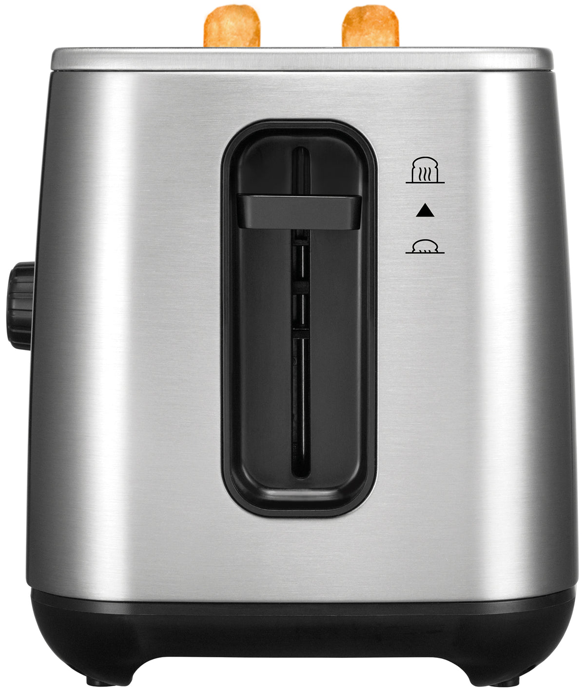 Der von vorne abgebildete Unold Turbo Toaster B-Ware verfügt über ein Edelstahlgehäuse mit zwei herausspringenden Brotscheiben, einen schwarzen Hebel und Einstellungssymbole auf der rechten Seite.