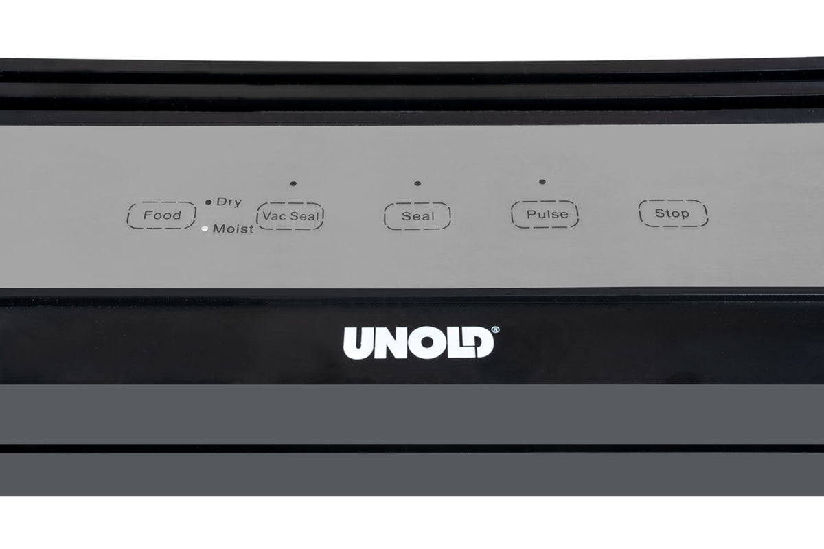 Nahaufnahme des Bedienfelds des Unold Vakuumierer Food Saver Black mit Tasten für Lebensmittel, Vakuumversiegelung, Versiegeln, Pulsieren und Stopp sowie Anzeigen für die Optionen Trocknen und Feucht.