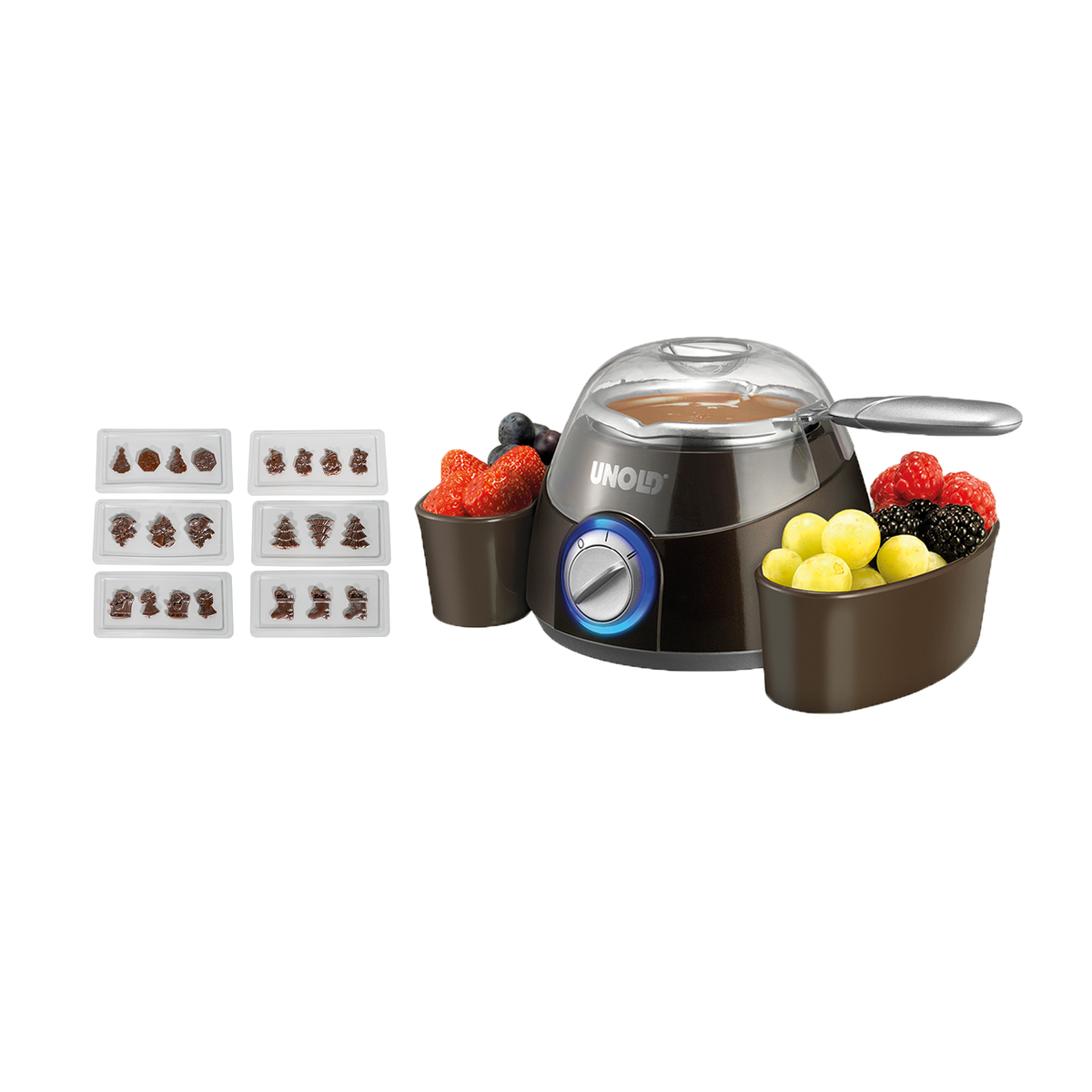 Die Unold Chocolatier Weihnachtsedition umfasst einen Schmelztiegel, zwei Obstbehälter und sechs Schokoladenformschalen mit weihnachtlichen Motiven.