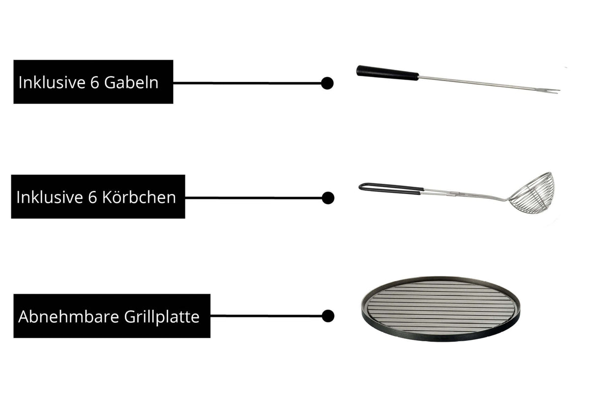 Das Unold Asia-Fondue umfasst drei Zubehörteile: eine langstielige Gabel (inklusive 6 Gabeln), einen Drahtabschäumer (inklusive 6 Körbchen) und eine abnehmbare runde Grillplatte.