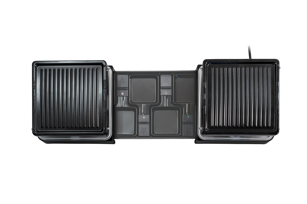 Draufsicht des ausziehbaren Elektrogrills Unold Raclette mit zwei gerippten Grillplatten, einem zentralen Bedienfeld mit Tasten und Kontrollleuchten, auf weißem Hintergrund.