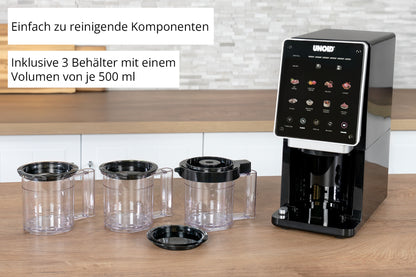 Die Unold AG Eismaschine Cream Dream, eine schwarze Küchenmaschine mit Touchscreen, steht auf einer Holztheke neben drei transparenten 500ml-Behältern und Deckeln. Der deutsche Text hebt die einfache Reinigung hervor und dass drei Behälter im Lieferumfang enthalten sind.