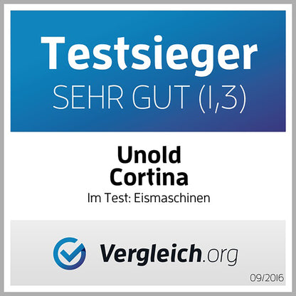 Auf der Auszeichnungsplakette mit blauem Farbverlaufshintergrund steht „Testsieger SEHR GUT“ (1,3), die Unold Eismaschine Cortina inklusive Eisbuch 1,5 L zum Sieger im Eismaschinentest von Vergleich.org (09/2016) ernennt, versehen mit einem Häkchen-Logo.