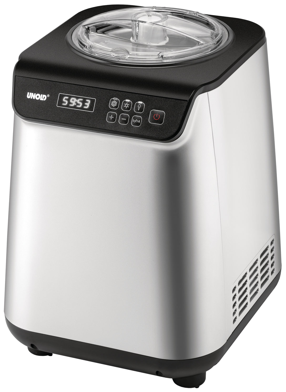 Die Unold Eismaschine Uno inklusive Eisbuch 1,2 L ist eine silber-schwarze elektrische Eismaschine mit Digitalanzeige, Bedientasten und transparentem Deckel. Das Unold-Logo ist auf der Vorderseite sichtbar.