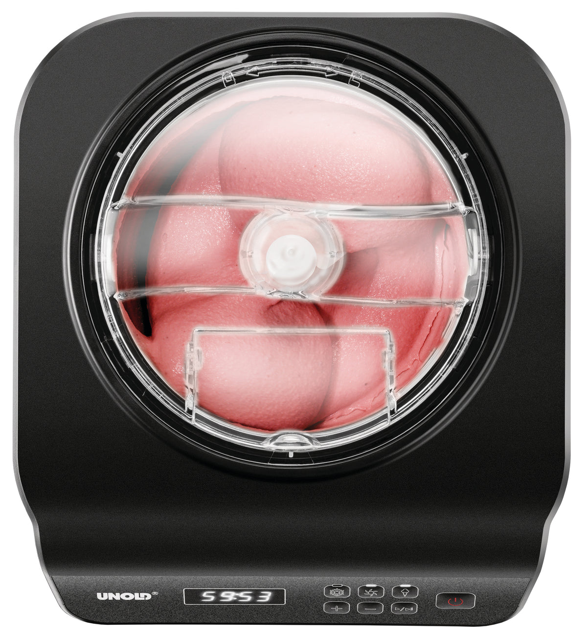Draufsicht auf die Unold Eismaschine Uno inklusive Eisbuch 1,2 L in Schwarz. Durch den transparenten Deckel ist das Rühren von rosa Eis sichtbar. Das Bedienfeld mit Digitalanzeige und Tasten befindet sich an der Vorderseite.