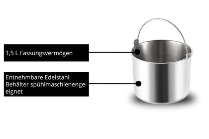 Die Unold Eismaschine & Joghurtbereiter EVA verfügt über einen abnehmbaren, spülmaschinengeeigneten Edelstahlbehälter mit Griff, der mit "1,5 L Fassungsvermögen" und "Entnehmbare Edelstahlbehälter spülmaschinengeeignet" beschriftet ist.