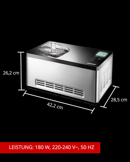 Die Unold Eismaschine Gusto inklusive Eisbuch 2 L ist eine Edelstahl-Eismaschine mit Digitalanzeige, transparentem Deckel und den Maßen 26,2 x 42,2 x 28,5 cm. Leistung: 180 W, 220–240 V~, 50 Hz.