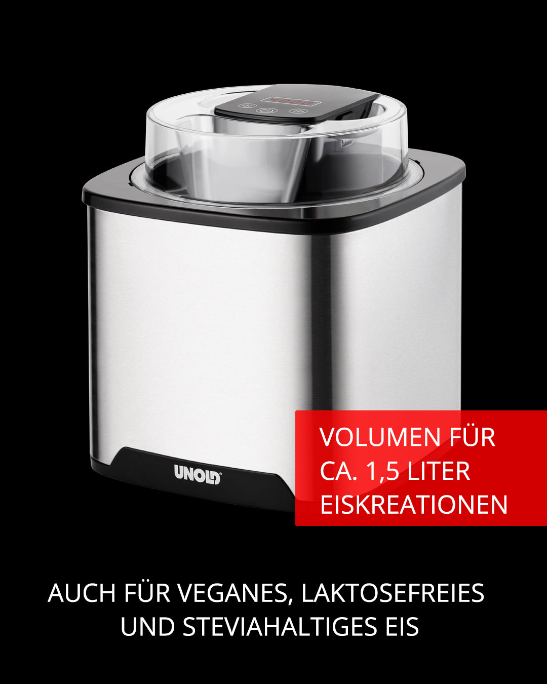 Die Unold Eismaschine Gelato 1,5 L ist eine silber-schwarze Eismaschine mit transparentem Deckel, ideal für die Herstellung von veganem, laktosefreiem und mit Stevia gesüßtem Eis. Sie verfügt über ein Fassungsvermögen von 1,5 Litern.