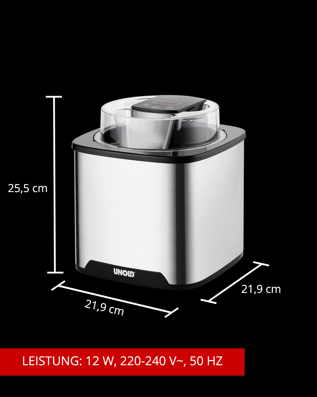 Die Unold Eismaschine Gelato inklusive Eisbuch 1,5 L ist eine kompakte Eismaschine aus Edelstahl mit transparentem Deckel, Maße 25,5 cm hoch und 21,9 cm breit/tief; Leistung: 12 W, 220–240 V~, 50 Hz.