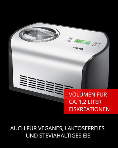 Abgebildet ist die Unold Eismaschine One inklusive Eisbuch 1,2 L aus Edelstahl mit digitaler Steuerung. Sie stellt veganes, laktosefreies und Stevia-basiertes Eis her. Fassungsvermögen: 1,2 Liter.