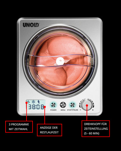 Draufsicht der Unold Eismaschine Profi 2 L mit transparentem Deckel, rosa Eiscreme im Inneren und Anzeigefeld mit Uhrzeit und Symbolen. Rote Beschriftungen weisen auf Programmoptionen, Timeranzeige und Drehknopf zur Zeiteinstellung hin.