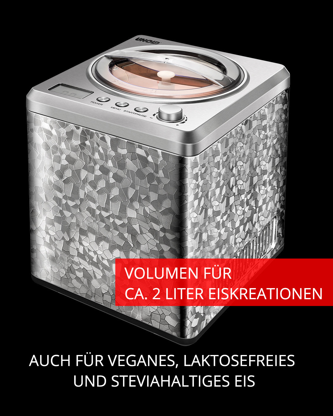Ausgestellt ist die Unold Eismaschine Profi 2 L im Silber-Glas-Design mit Mosaik-Finish. Der Text hebt das Fassungsvermögen von 2 Litern und die Eignung für veganes, laktosefreies und mit Stevia gesüßtes Eis hervor.
