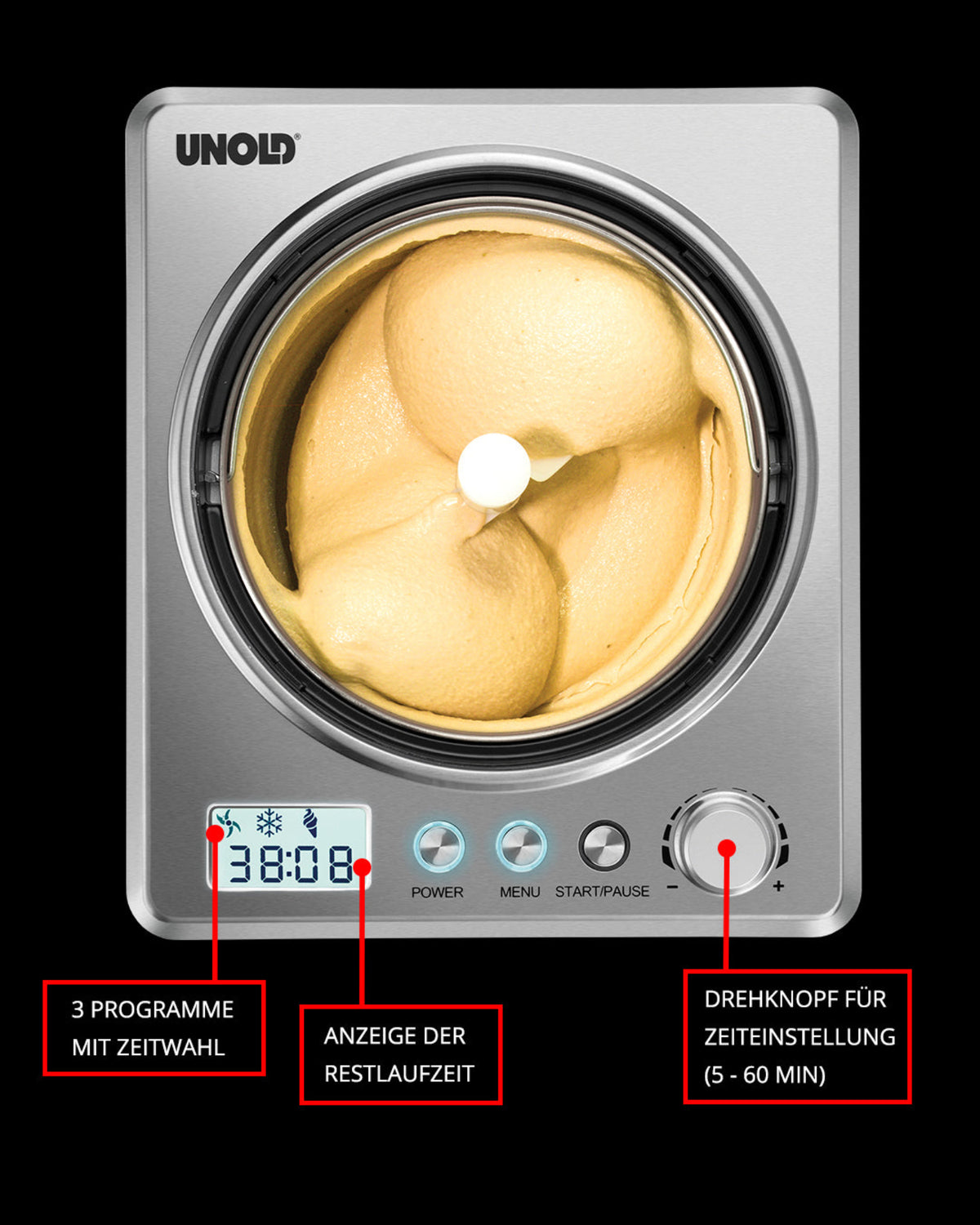 Draufsicht auf die Unold Eismaschine Profi Plus 2,5 L mit cremigem Eis im Inneren. Das Bedienfeld zeigt die Uhrzeit an, deutsch beschriftete Tasten und ein Drehrad ermöglichen Programmauswahl, Zeitanzeige und -einstellung.