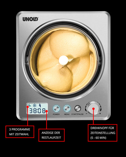 Draufsicht auf die Unold Eismaschine Profi Plus 2,5 L mit cremigem Eis im Inneren. Das Bedienfeld zeigt die Uhrzeit an, deutsch beschriftete Tasten und ein Drehrad ermöglichen Programmauswahl, Zeitanzeige und -einstellung.