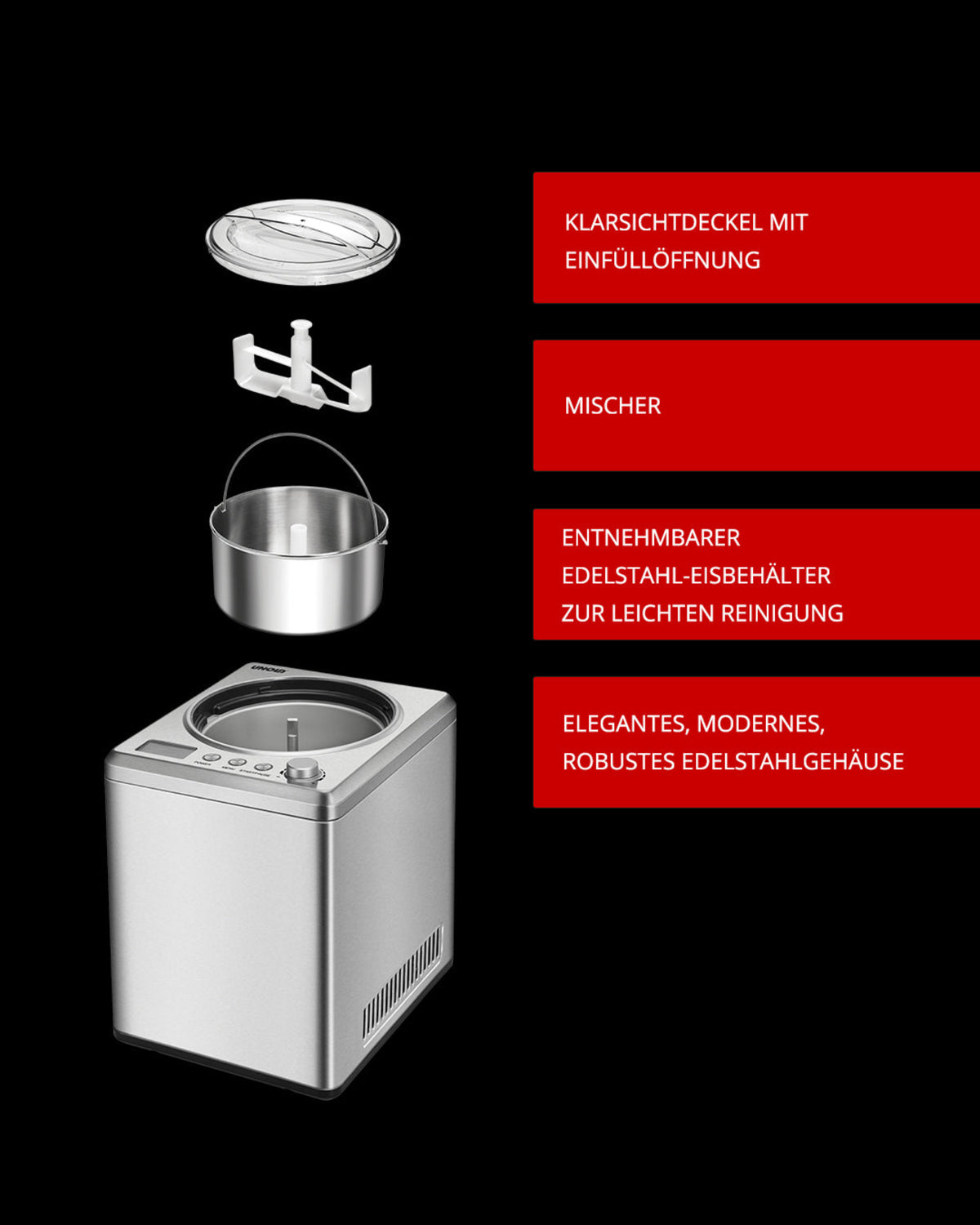 Die Unold Eismaschine Profi Plus 2,5 L präsentiert sich in Silber mit transparentem Deckel, Mixer und herausnehmbarem Edelstahlbehälter. Deutsche Beschriftungen beschreiben jedes Teil und heben das moderne, robuste Edelstahldesign hervor.