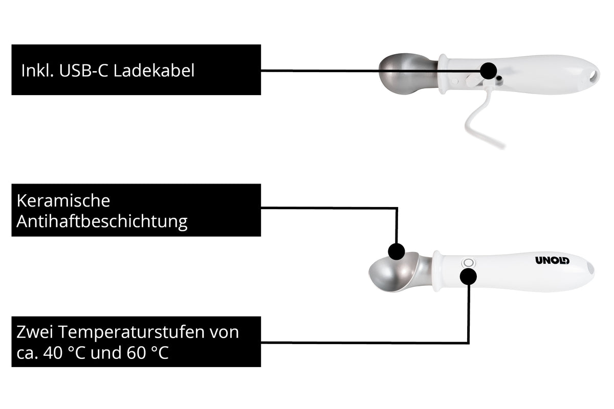 Abgebildet sind zwei weiße Unold Beheizte Eisportionierer Carlo mit Metallspitzen, keramischer Antihaftbeschichtung, USB-C-Ladekabel und zwei Temperaturstufen (ca. 40°C & 60°C). Das Unold-Markenlogo ist sichtbar.