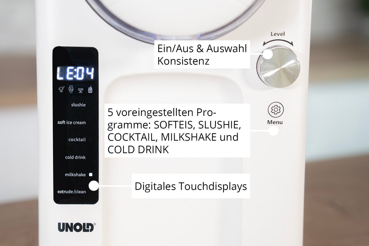 Nahaufnahme des Bedienfelds der Unold 2in1-Slush- und Softeismaschine Sofie mit einer digitalen Anzeige mit der Aufschrift „LE04“. Beschriftete Tasten und ein Drehregler bieten Voreinstellungen für Softeis, Slush, Cocktail, Milchshake und Kaltgetränk.