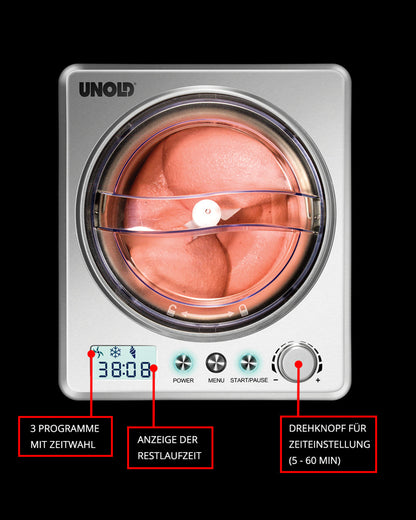 Draufsicht auf die Unold Eismaschine Exklusiv inklusive Eisbuch 2 L mit digitalem Timer, Bedienknöpfen und einem Mixbecher mit rosa Eis. Deutsche Beschriftungen zeigen Programmauswahl, Zeitanzeige und Zeiteinstellungsrad an.
