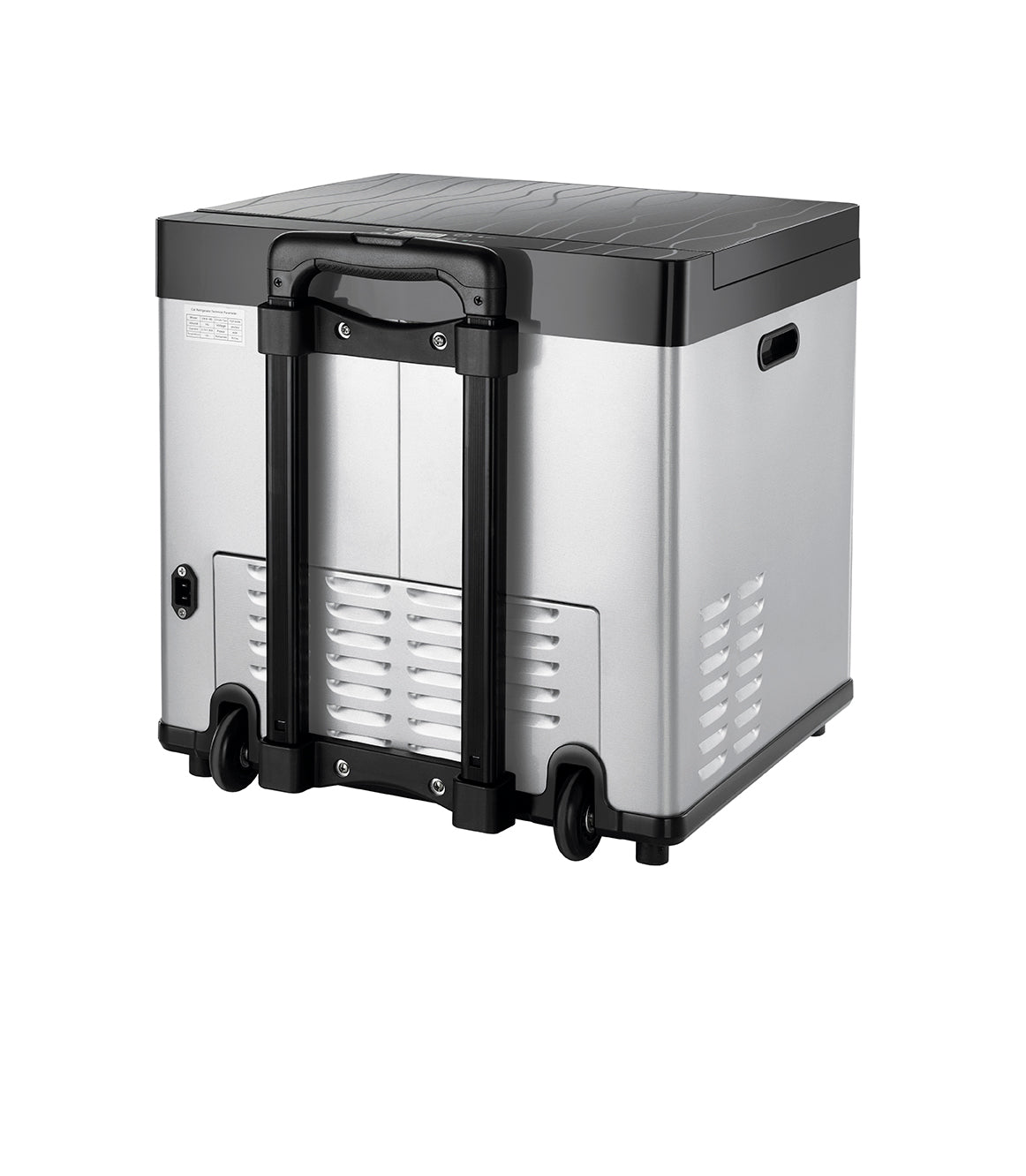 Die Unold Kühl-/Gefrierbox Mobil ist eine tragbare silberne Kühlbox mit schwarzer Einfassung, stabilem Griff, Rädern und seitlichen Belüftungsöffnungen für einfachen Transport und Mobilität.