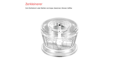 Der Unold ESGE-Zauberstab E 120 Select + Magic Fusion Creme ist ein transparenter Lebensmittelzerkleinerer mit zentraler Klinge, ideal zum Zerkleinern oder Mahlen von Gewürzen, Nüssen oder Kaffee; der deutsche Text oben erklärt diese Verwendungsmöglichkeiten.