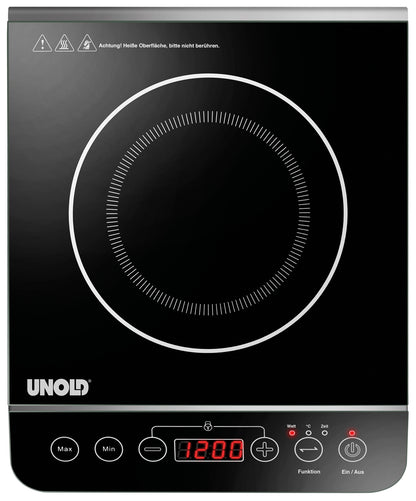 Die Unold AG Einzel-Induktionskochplatte - Schwarz/Edelstahl 581051 (B-Ware) verfügt über eine glatte, schwarze Oberfläche, eine Digitalanzeige mit 1200 Punkten, Touch-Bedienelemente, Warnsymbole und eine kreisförmige, weiß umrandete Heizfläche.