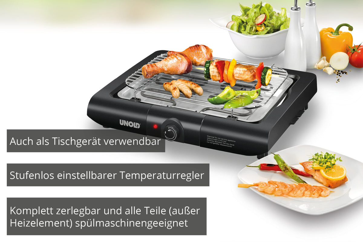 Der Unold Barbecue-Grill Black Rack ist ein elektrischer Tischgrill mit gegrilltem Fleisch, Gemüse und Salaten. Der deutsche Text hebt die einstellbare Temperaturregelung und die spülmaschinenfesten Teile hervor.