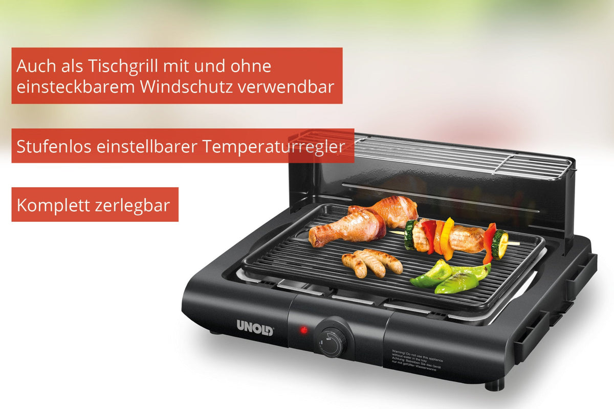 Der Unold 58565 Barbecue-Grill Vario von Unold ist ein schwarzer Elektrogrill, abgebildet mit Hähnchen und Gemüse. Der deutsche Text weist auf die Windschutzoption, die einstellbare Temperaturregelung und das vollständig zerlegbare Design hin.