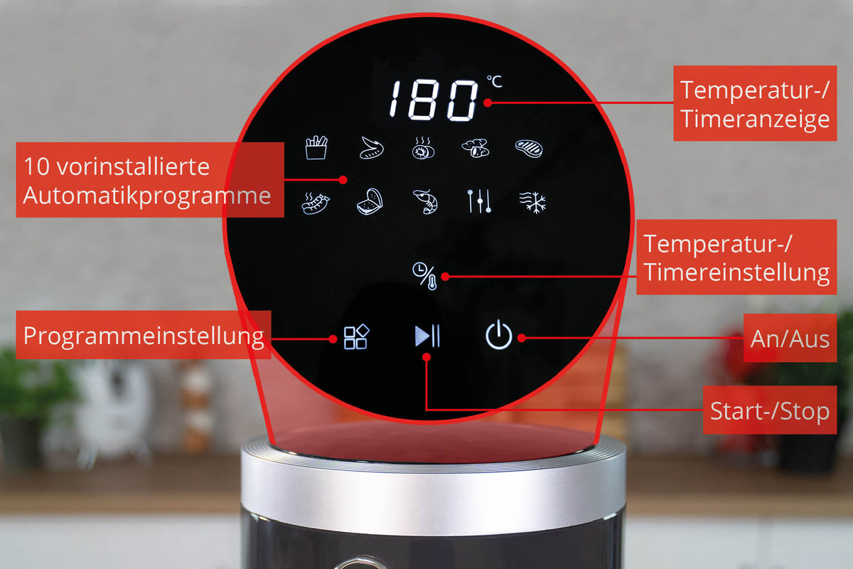 Nahaufnahme des digitalen Bedienfelds der Unold Heißluftfritteuse Glas mit der Anzeige 180 °C. Die Tasten für Voreinstellungen, Temperatur, Timer, Leistung und Start/Stopp sind auf Deutsch mit roten Textfeldern und weißen Symbolen beschriftet.