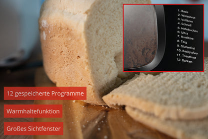 Ein Laib Brot auf einem Holzbrett mit dem Unold 68010 Backmeister® Design Brotbackautomaten im Hintergrund. Inset zeigt sein Bedienfeld mit 12 gespeicherten Programmen, Warmhaltefunktion und großem Sichtfenster an.