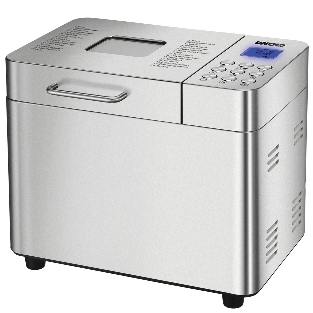 Der Unold Backmeister® Edel ist ein Brotbackautomat aus Edelstahl mit Digitalanzeige, Bedientasten, seitlichem Griff und einer Liste der Backprogramme auf der Oberseite.