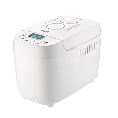 Der Unold Backmeister® Big ist ein Weißbrotbackautomat mit Digitalanzeige, Bedientasten und einem Deckel mit zwei runden Fenstern auf schlichtem weißem Hintergrund.