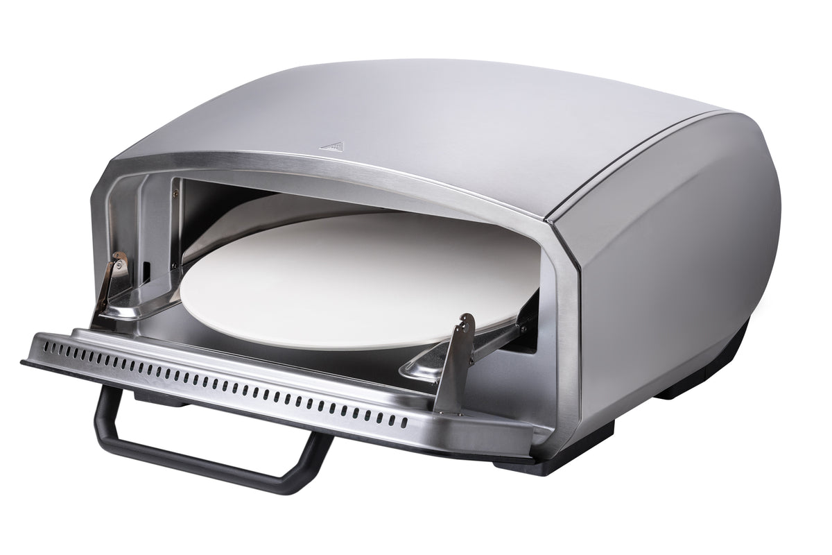 Der Unold Pizzaofen Enzo ist ein Edelstahl-Pizzaofen für den Außenbereich mit einer nach vorne zu öffnenden Tür und einem sichtbaren runden Pizzastein, der sich perfekt für die Zubereitung von hausgemachten Pizzen eignet.