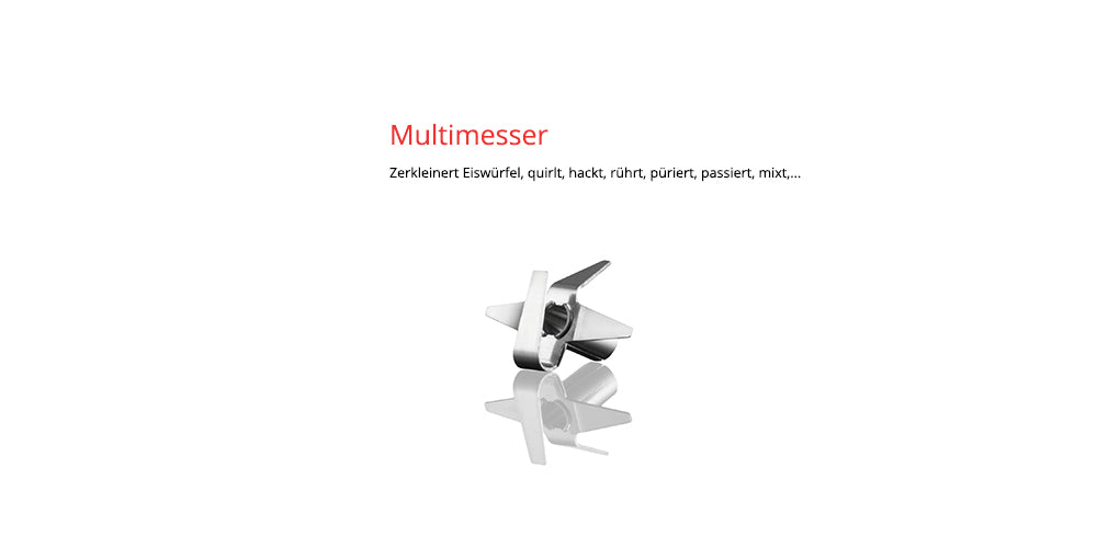 Das ESGE-Zauberstab Multimesser von ESGE Zauberstab, ein Küchengerät mit mehreren Klingen aus Metall zum Hacken und Mixen, ist auf weißem Hintergrund abgebildet, darüber steht „Multimesser“ in deutscher Sprache und beschreibt seine Funktionen.