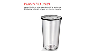 Der Unold ESGE-Zauberstab E 120 Select + Magic Fusion Creme, hier aufrecht mit aufgesetztem Deckel auf weißem Grund, ist ideal für die Aufbewahrung von Mayonnaise, Salatdressing, Grillsaucen und gerührter Marmelade. Der deutsche Text oben beschreibt seine Verwendungsmöglichkeiten.