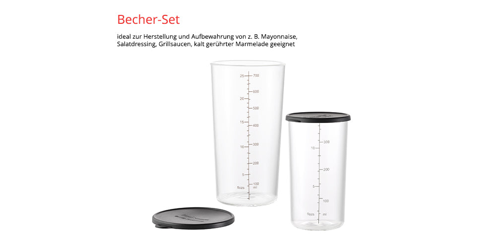 Das Bild zeigt zwei transparente Messbecher mit schwarzem Deckel – einen hohen und einen niedrigen mit Deckel. Der Text oben hebt die ESGE-Zauberstab® M 200 Superbox von Unold als ideal für Saucen, Dressings und Marmeladen hervor.