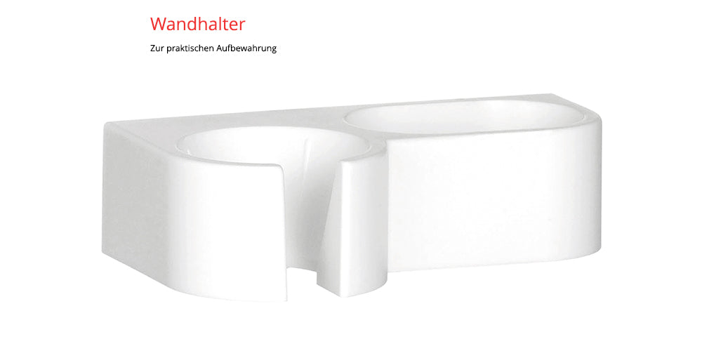 Abgebildet ist der ESGE-Zauberstab® M 100 Design Weiß von Unold mit seinem weißen Kunststoff-Wandhalter mit zwei ovalen Fächern zur praktischen Aufbewahrung. Der deutsche Text oben lautet „Wandhalter“ und „Zur praktischen Aufbewahrung“.