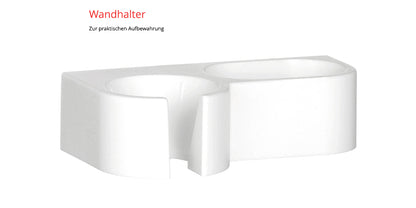 Abgebildet ist der ESGE-Zauberstab® M 100 Design Weiß von Unold mit seinem weißen Kunststoff-Wandhalter mit zwei ovalen Fächern zur praktischen Aufbewahrung. Der deutsche Text oben lautet „Wandhalter“ und „Zur praktischen Aufbewahrung“.