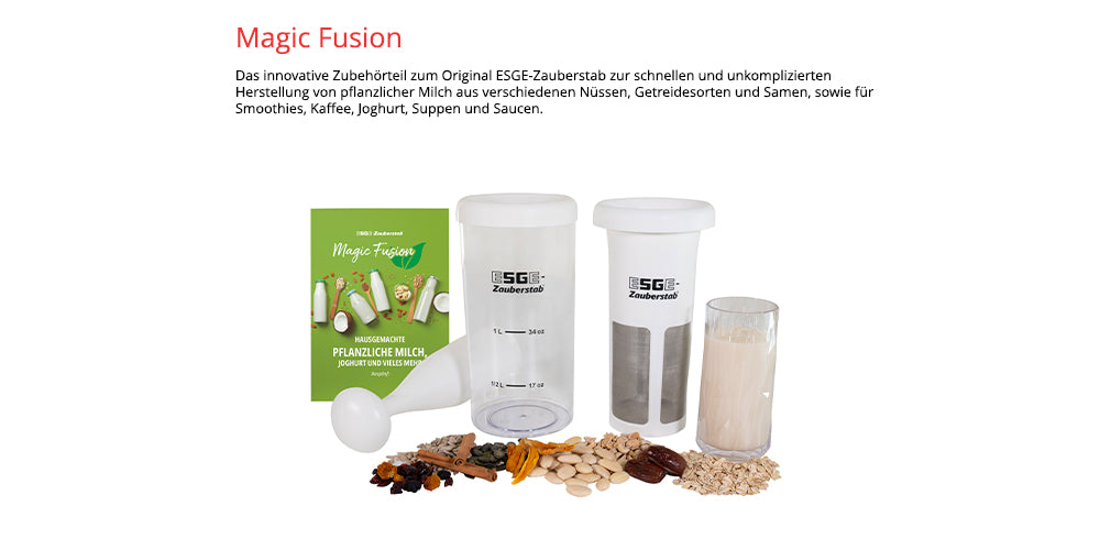 Die Abbildung zeigt den Unold ESGE-Zauberstab E 120 Select + Magic Fusion Creme mit Zubehör: Bedienungsanleitung, zwei Behälter, Holzstößel, Messlöffel, Siebfilter, sowie vorne verschiedene Nüsse/Samen/Körner. Der deutsche Text steht oben.
