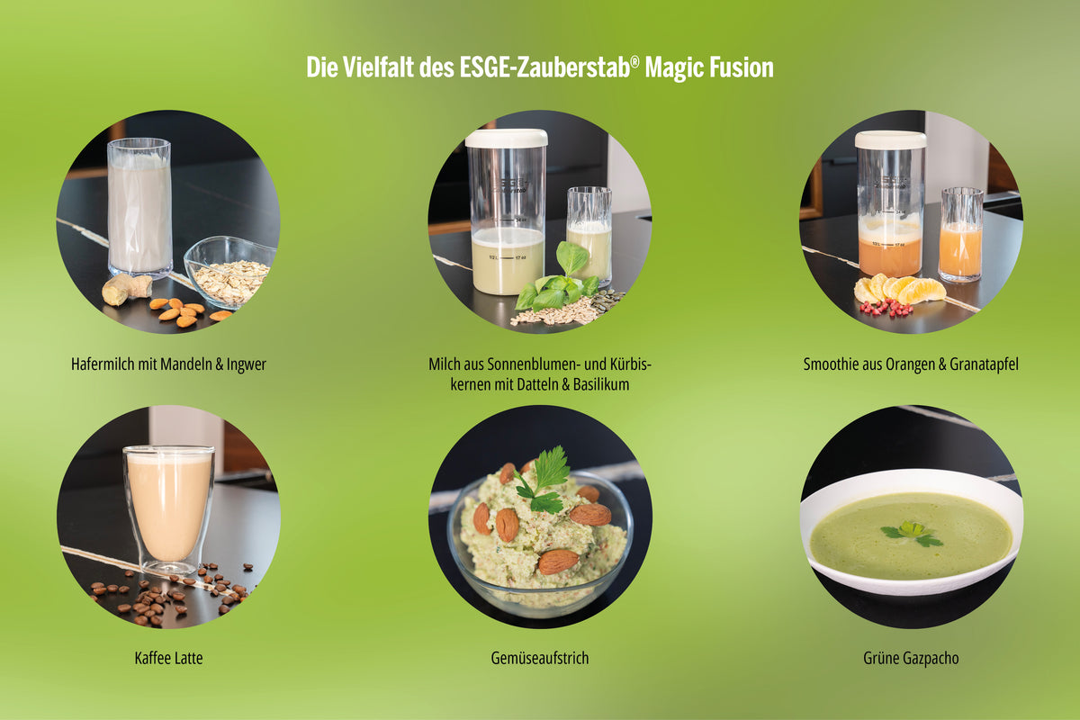Sechs Gerichte und Getränke - Hafermilch, Milch mit Kernen, Smoothie, Kaffee Latte, Gemüseaufstrich und grüne Gazpacho - zubereitet mit dem ESGE-Zauberstab Magic Fusion von ESGE Zauberstab.