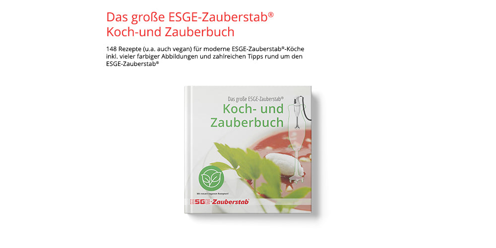 Auf weißem Hintergrund ist die ESGE-Zauberstab® M 200 Superbox von Unold abgebildet, mit ihrem Kochbuch „Das große ESGE-Zauberstab Koch- und Zauberbuch“ mit grünem Blatt und Küchenwerkzeug, hervorgehoben durch rot-schwarzen Text über dem Cover.